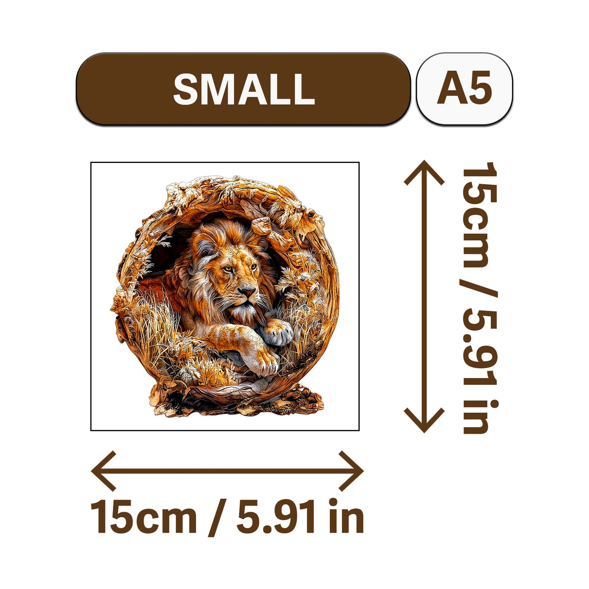 A small wooden jigsaw puzzle of a lion's head, measuring 15cm by 15cm.