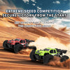 A green off-road RC car is racing across a sandy terrain, kicking up dust and dirt.