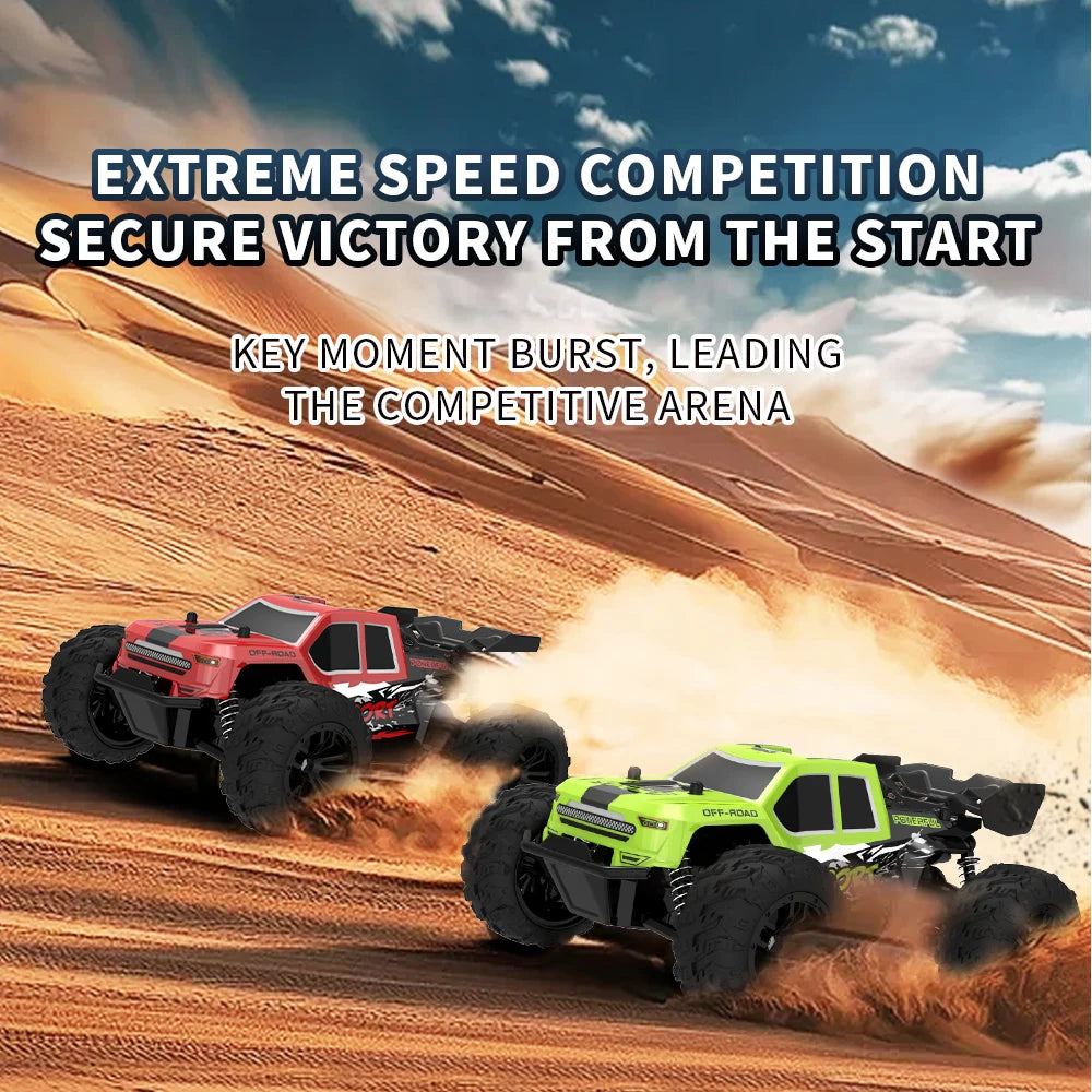 A green off-road RC car is racing across a sandy terrain, kicking up dust and dirt.