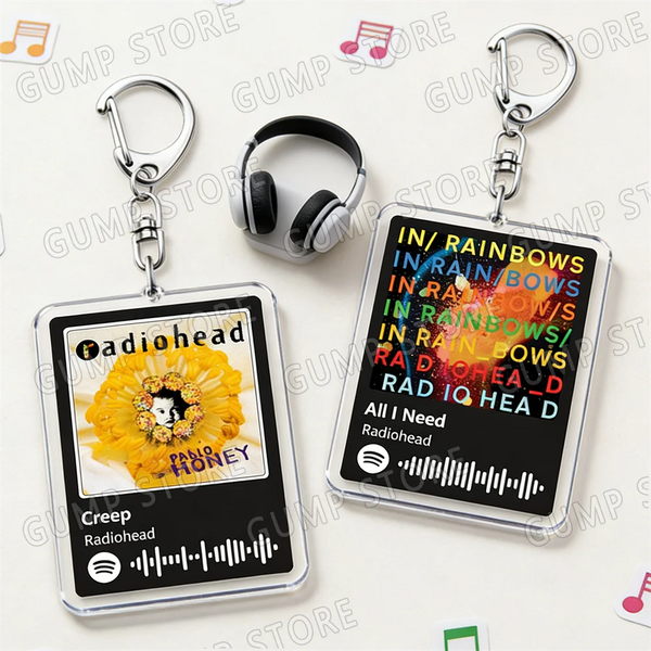 Two acrylic keychains featuring band artwork and audio waveforms, displayed on a white background.