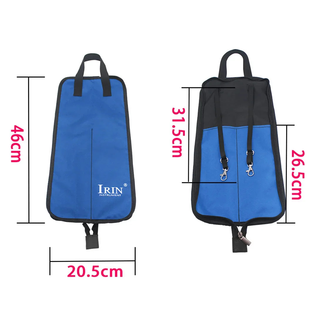 A black and blue drumstick carrier bag with handles shown in a flat lay view.