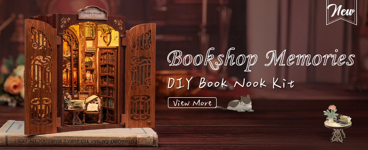 A wooden DIY book nook kit featuring an ornate facade and miniature bookshelf display.