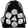 A black drawstring bag filled with a set of transparent polyhedral dice for role-playing games