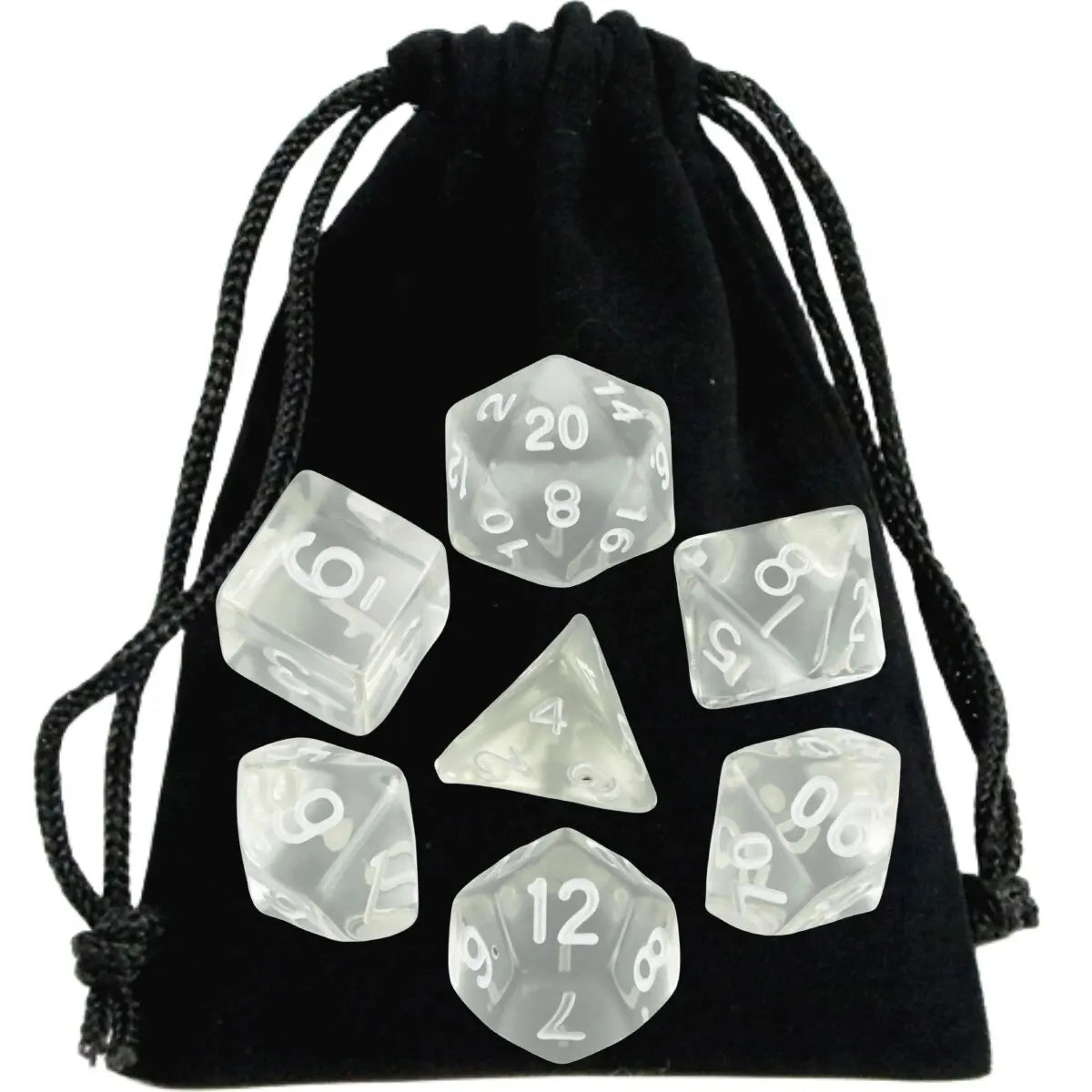 A black drawstring bag filled with a set of transparent polyhedral dice for role-playing games