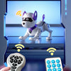 A white robotic dog is displayed on a tablet screen with a remote control nearby.