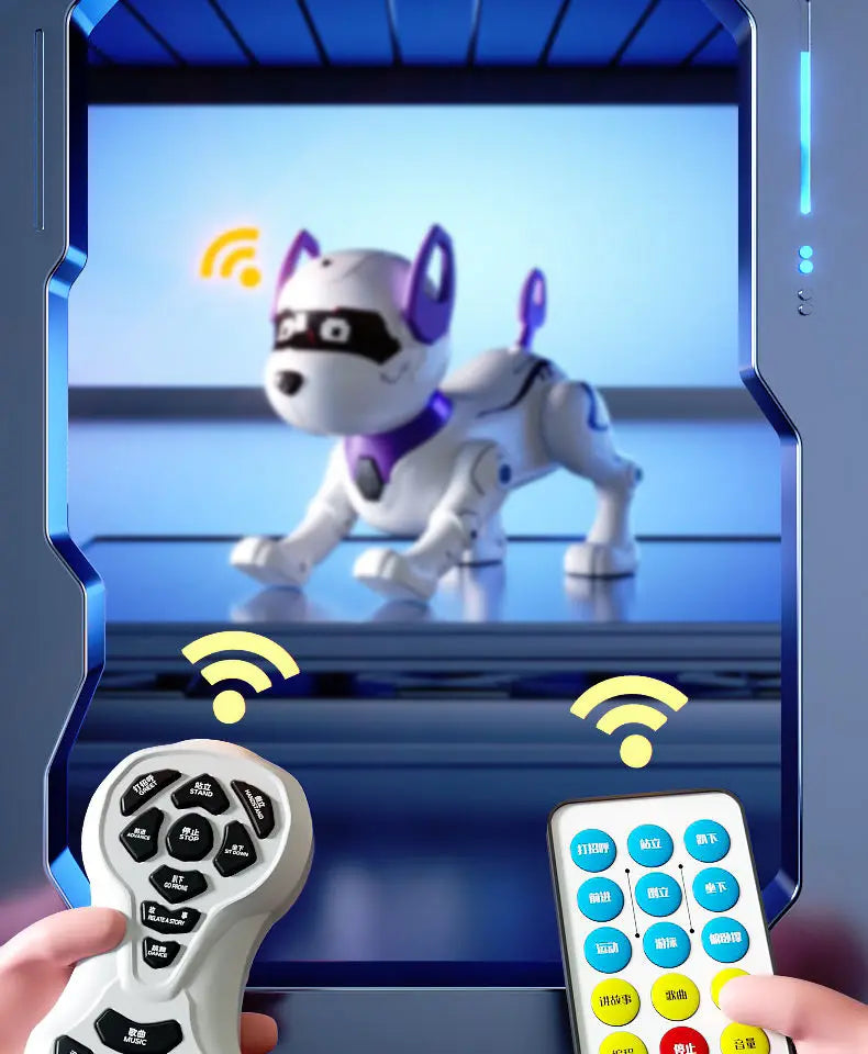 A white robotic dog is displayed on a tablet screen with a remote control nearby.