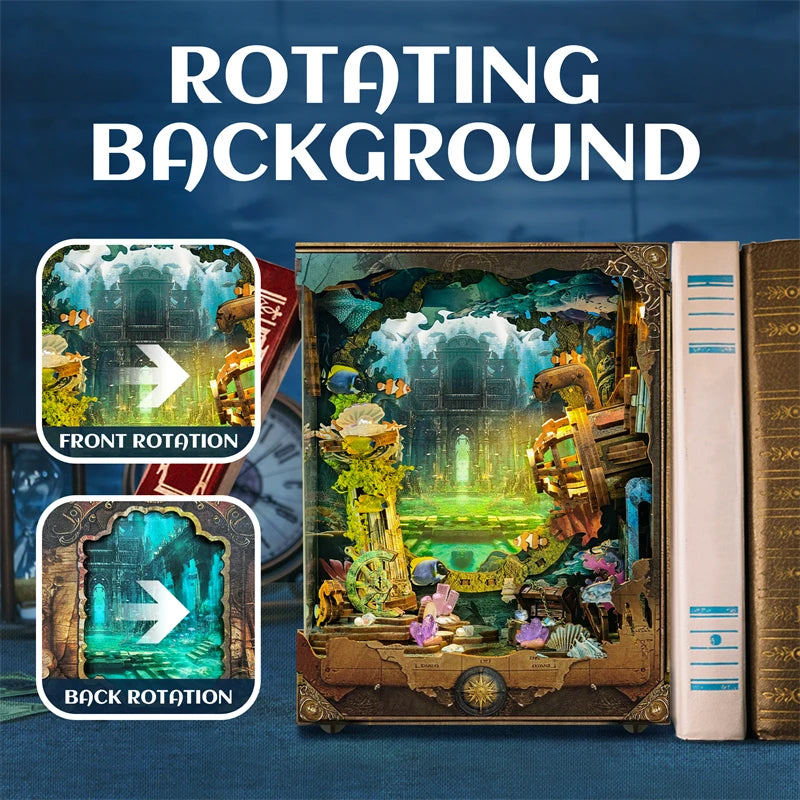 A DIY wooden book nook shelf insert kit featuring an underwater world miniature model with a rotating background.