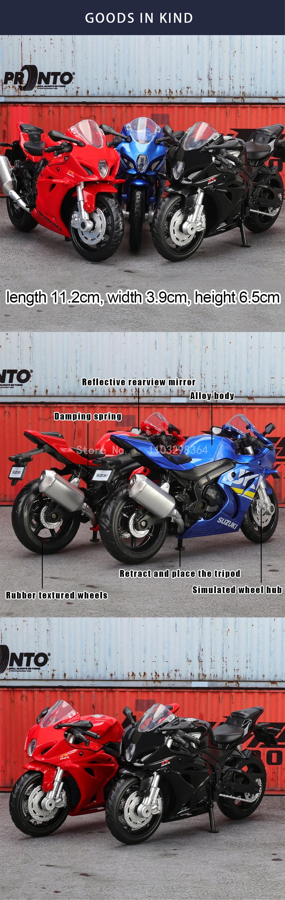 A collection of die-cast motorcycle models in red, blue, and black colors displayed on a metal surface.