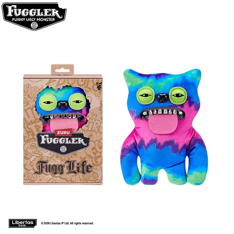 A colorful plush toy of a monster with bright blue and green fur and large eyes.