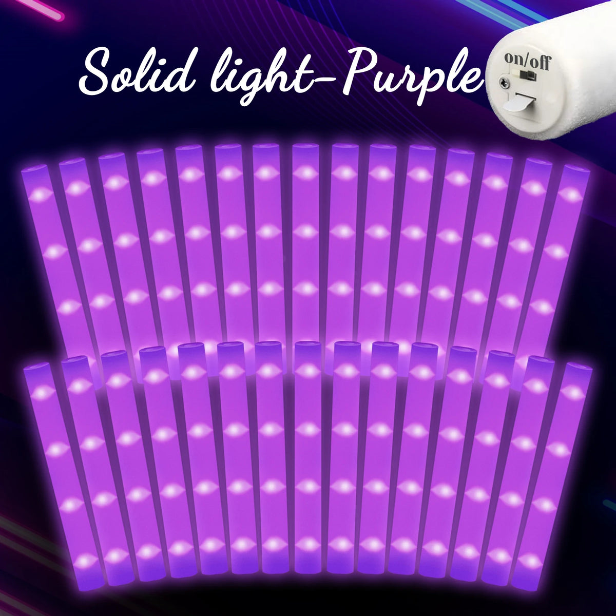 A row of purple LED foam glow sticks with light turned on and off.