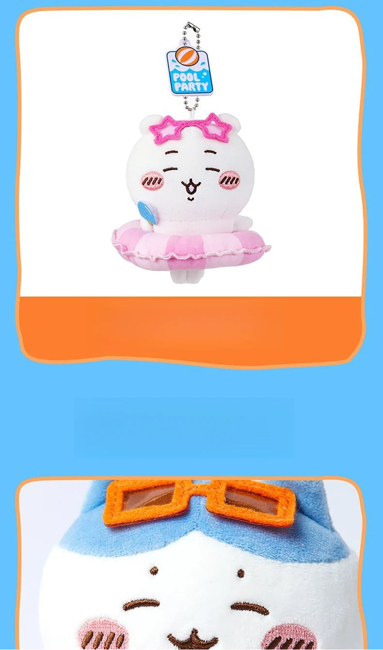 A white plush keychain charm of a character wearing a pink swimming ring and glasses.