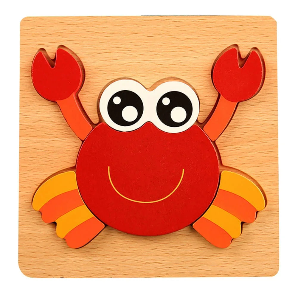 A red wooden crab puzzle set with orange claws and eyes on a light wood background.