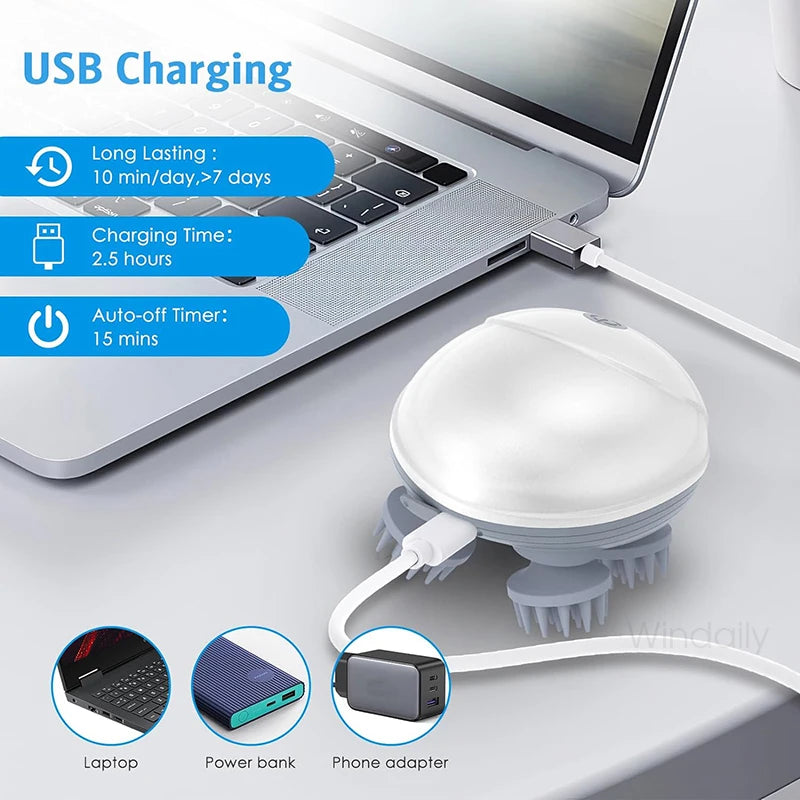 USB charging cable and accessories for an electric scalp and body massager device