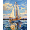 A sailboat with white sails is depicted on the water under a blue sky with clouds.