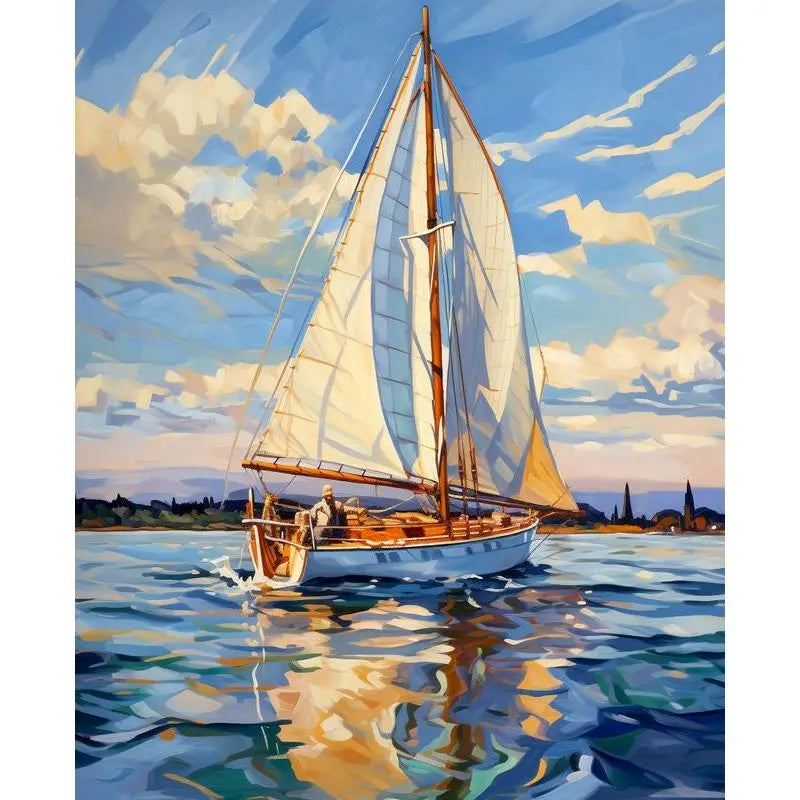 A sailboat with white sails is depicted on the water under a blue sky with clouds.