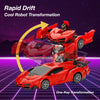 A red transforming robot car toy demonstrating a rapid drift transformation from a sleek sports car form.