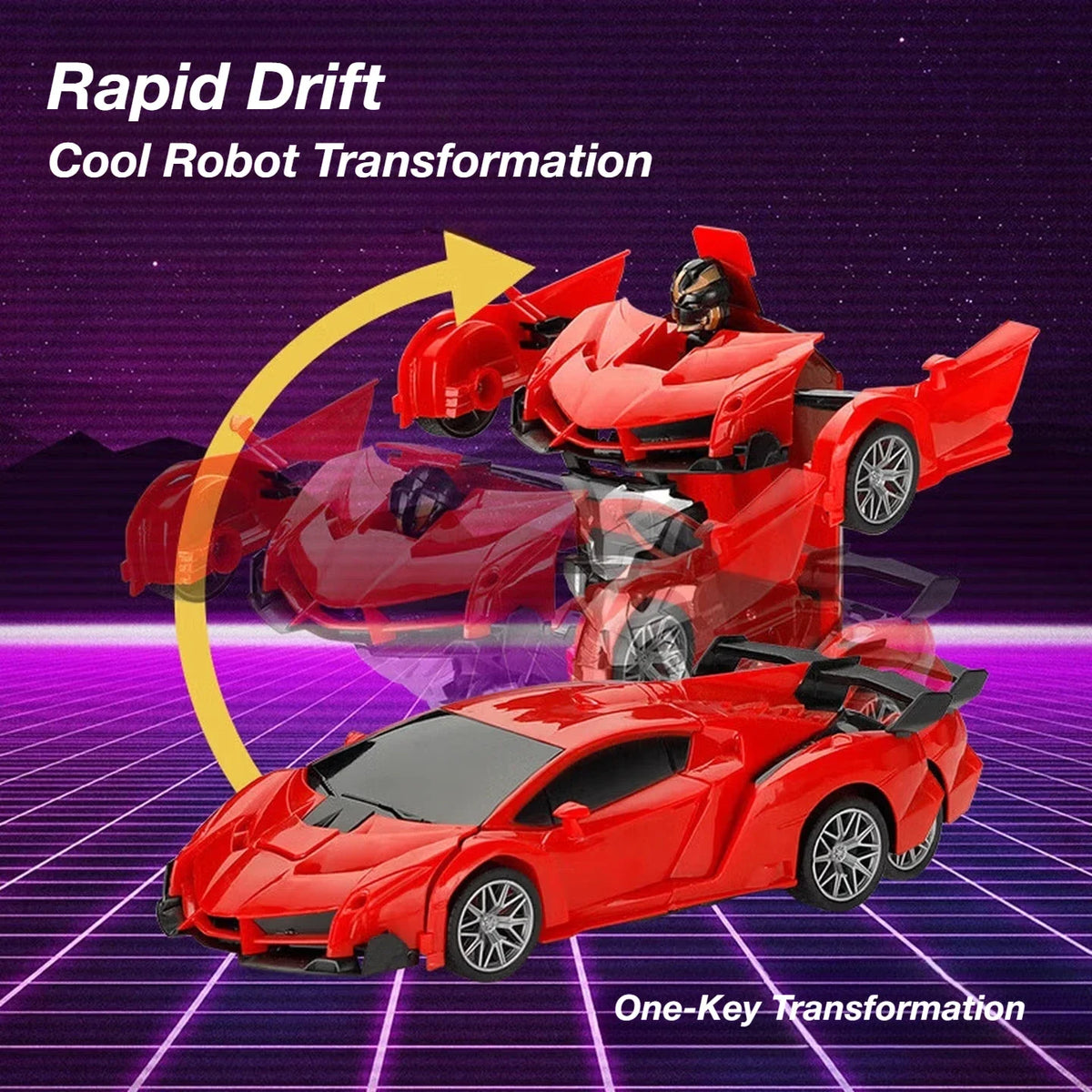 A red transforming robot car toy demonstrating a rapid drift transformation from a sleek sports car form.