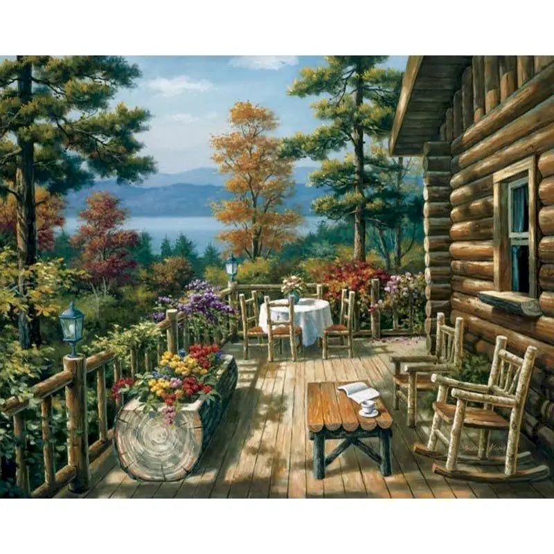 A painting of a scenic landscape with trees, water, and a wooden porch setting.