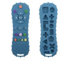 A light blue silicone remote control shaped baby teether with various buttons and shapes.