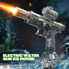 A close-up of an electric water gun toy with a light and flame effect, firing into water.