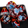 A collection of red, blue, and clear resin dice in various shapes and colors displayed on a black surface.