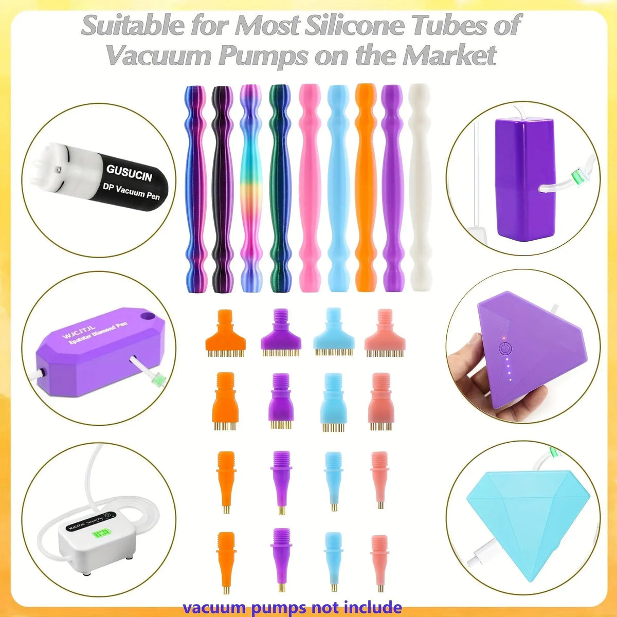 A set of interchangeable tips for silicone tubes used with vacuum pumps, shown in various colors and shapes.