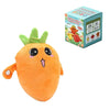An orange fruit-sensing plush toy shaped like a carrot with a smiling face.