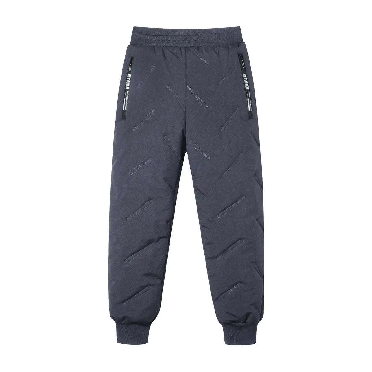 Dark blue kids waterproof winter pants with zippered pockets and fleece lining