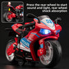 A red motorcycle model with a rear wheel, showing instructions for starting sound and light.