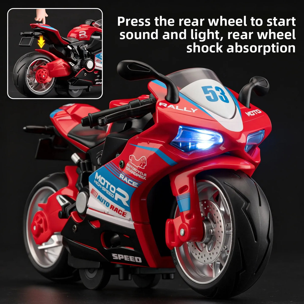 A red motorcycle model with a rear wheel, showing instructions for starting sound and light.