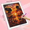 A diamond painting kit featuring a sunset portrait of figures silhouetted against a bright orange and yellow sky.