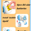 Operation steps showing installation of AA batteries, install bubble liquid, and pressing the button on an automatic bubble m