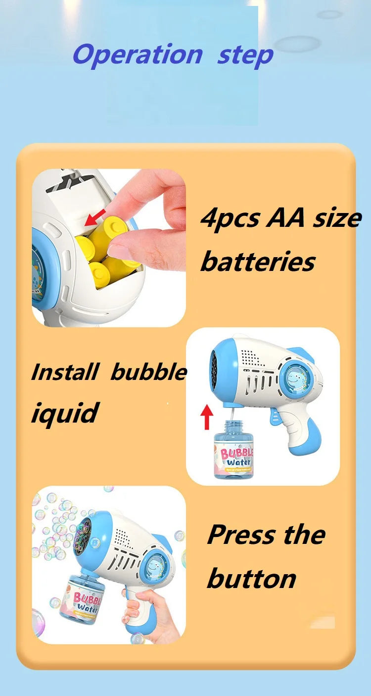 Operation steps showing installation of AA batteries, install bubble liquid, and pressing the button on an automatic bubble m