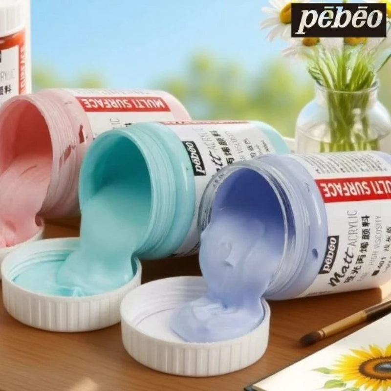 A bottle of PEBEO Matte Acrylic Paint is shown with paint being poured into a white container.