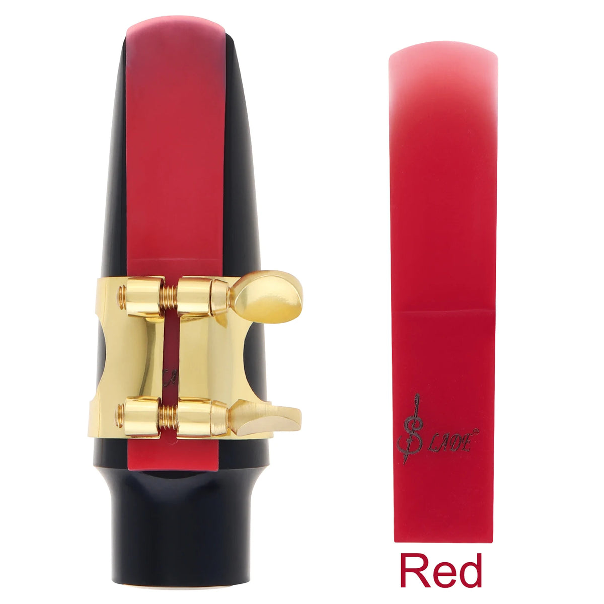 A red SLADE resin alto saxophone reed shown next to a black and gold mouthpiece.