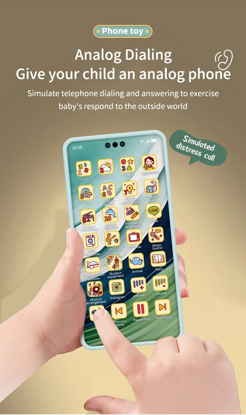 Une main tient un smartphone affichant une interface de composition analogique pour simuler des appels téléphoniques.