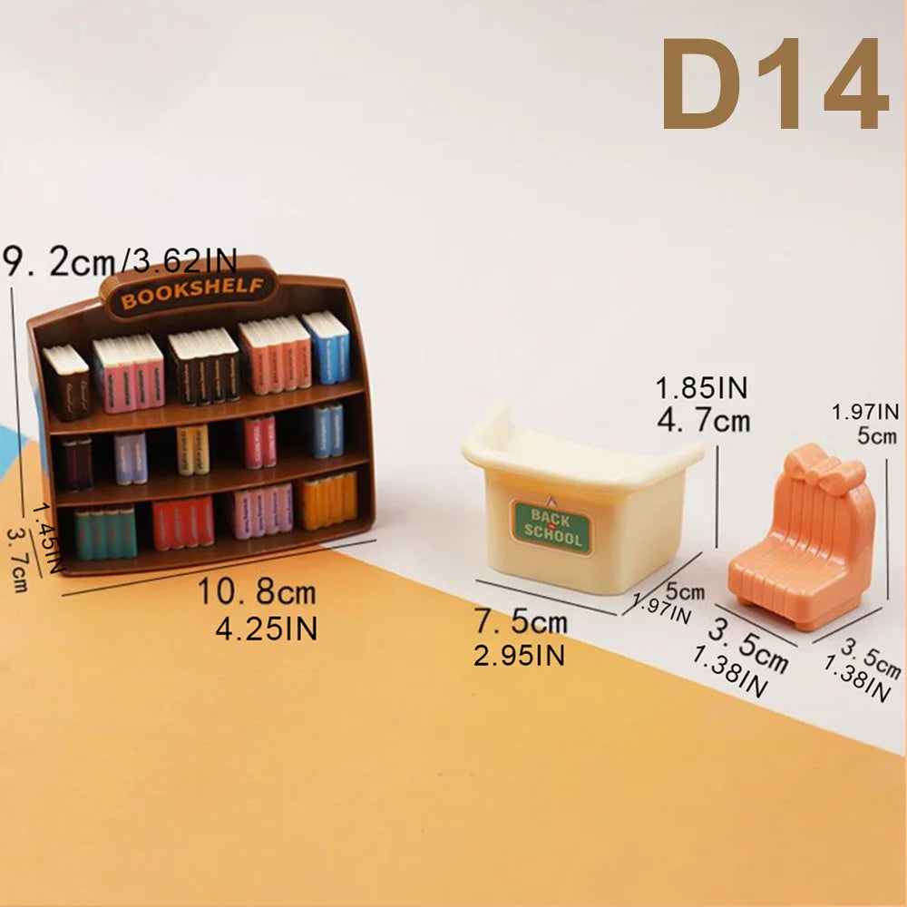 A wooden bookshelf with various colored books and a small pink furniture piece shown next to a ruler.