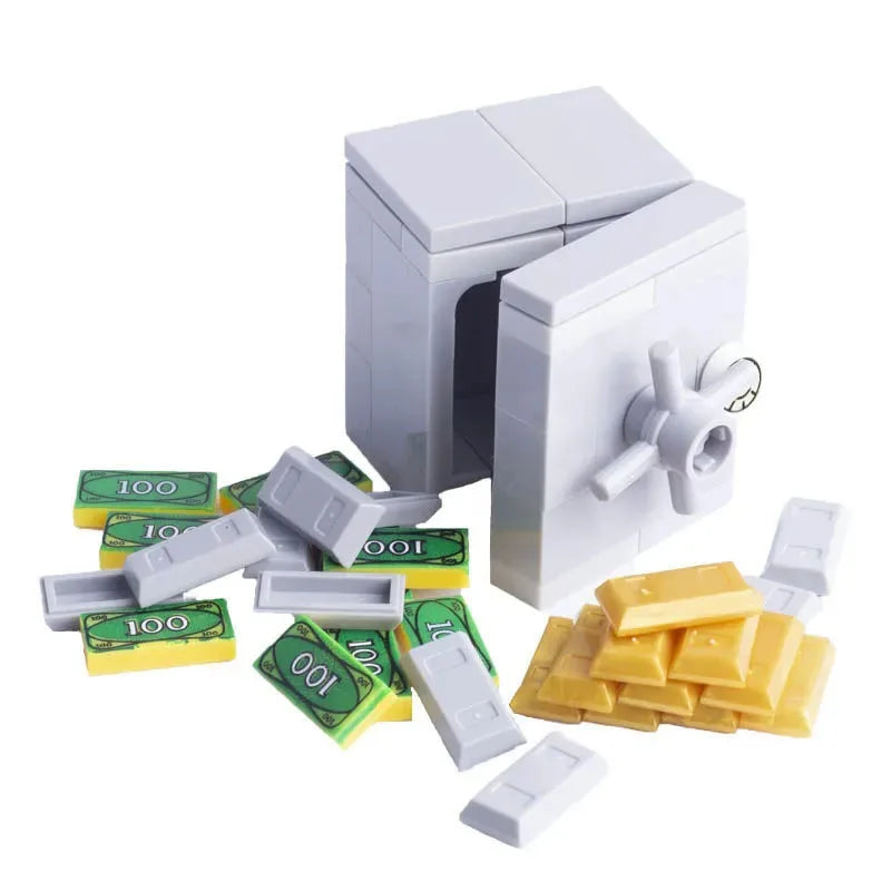 A white building block treasure chest set with gold and silver coins and blocks.