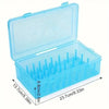Transparent sewing thread organizer with 42 bobbins and 24 compartments in light blue plastic.