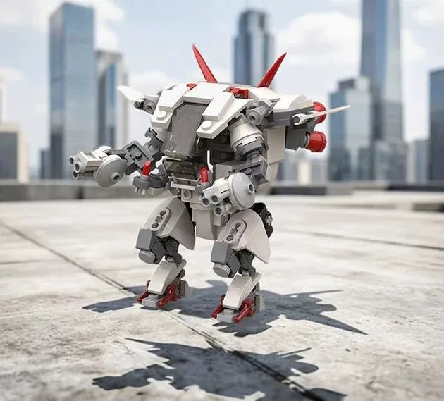 A detailed model of an exoskeleton combat robot built from building blocks, standing on a concrete surface.