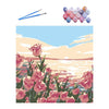 An abstract sunset landscape paint by numbers kit featuring pink and red flowers against a soft blue sky.