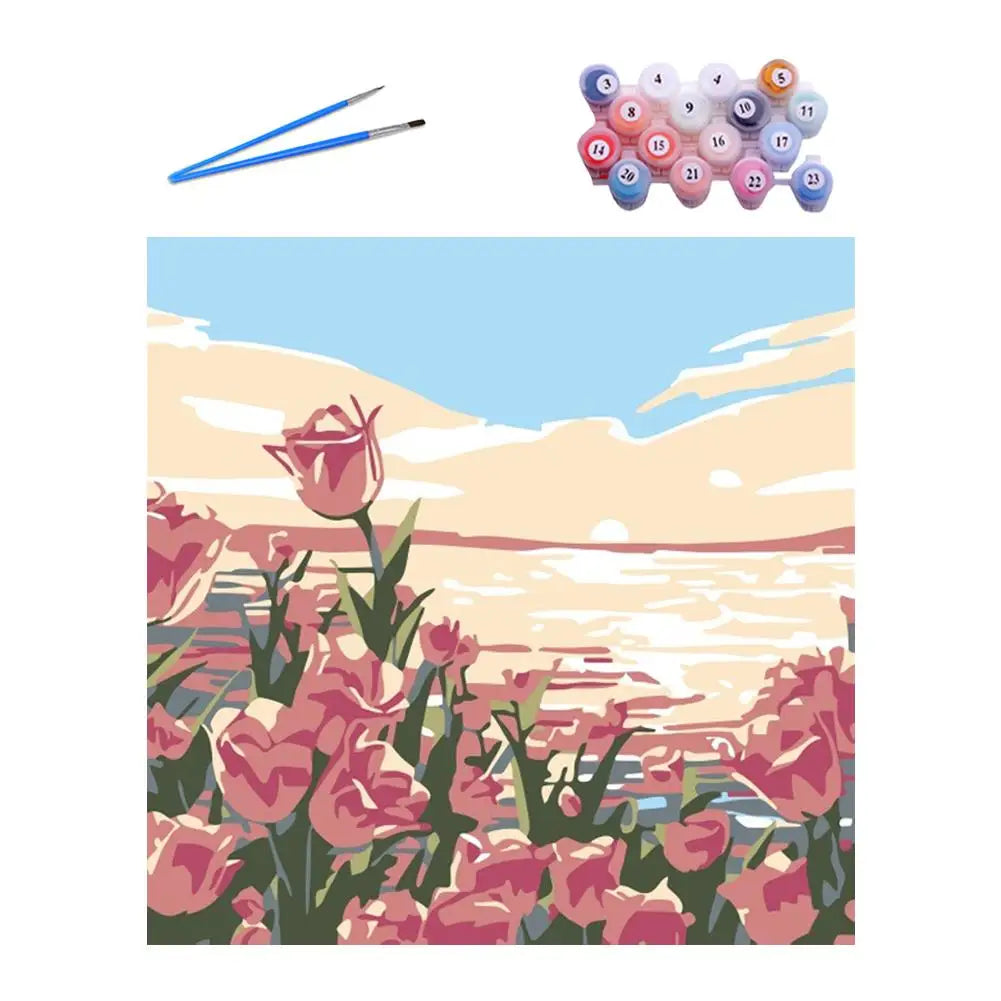 An abstract sunset landscape paint by numbers kit featuring pink and red flowers against a soft blue sky.
