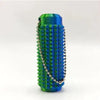 A vertical, textured magic wand credit card holder with a vibrant blue and green iridescent finish.