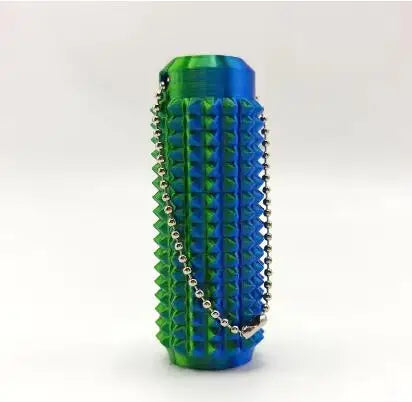 A vertical, textured magic wand credit card holder with a vibrant blue and green iridescent finish.