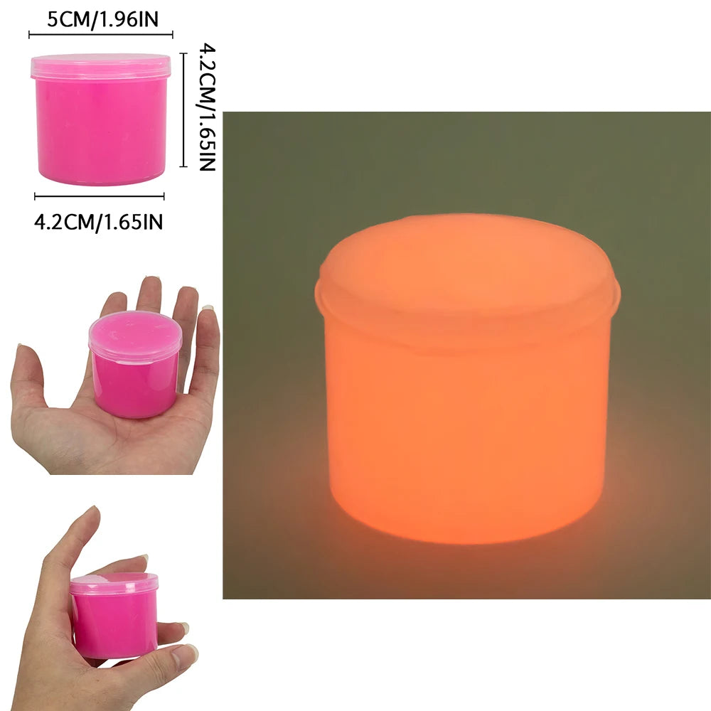 A bright orange glow-in-the-dark crystal slime in a pink container shown from multiple angles.