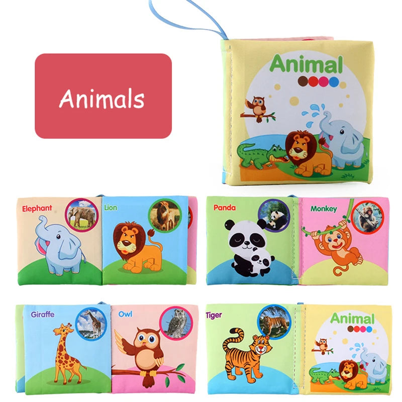 A set of soft cloth books featuring various animals like elephants, lions, pandas, monkeys, giraffes, owls, and tigers for le