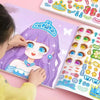 A child is using a Princess Make-A-Face Reusable Sticker Book for Kids featuring various face stickers and accessories.