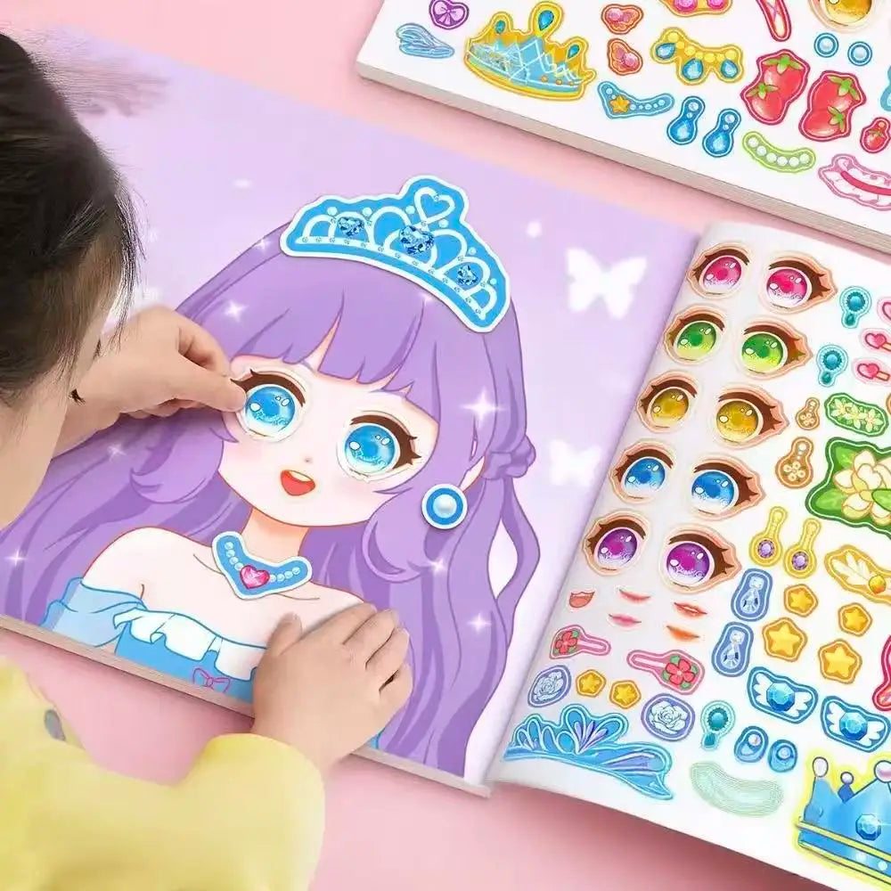 A child is using a Princess Make-A-Face Reusable Sticker Book for Kids featuring various face stickers and accessories.