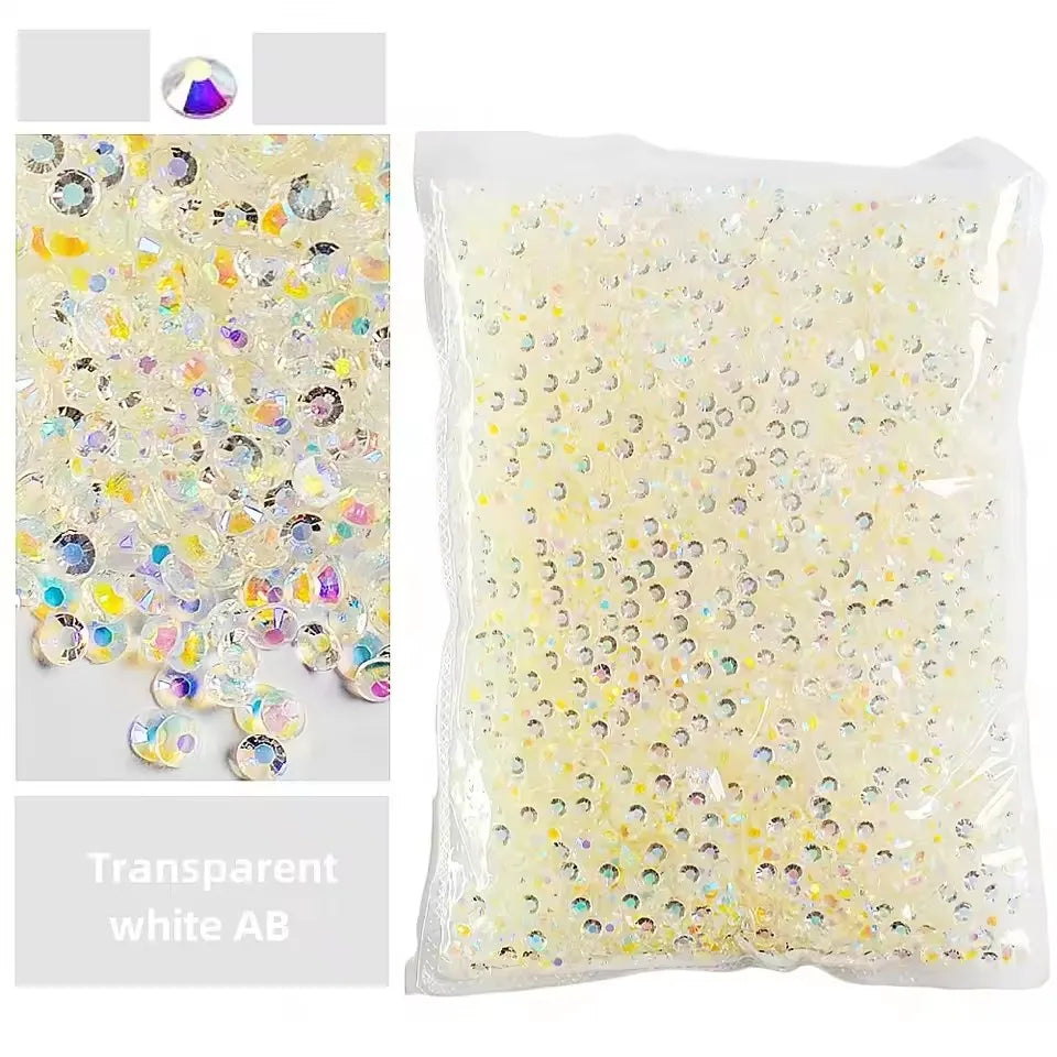 Bag of transparent white AB coated resin rhinestones for crafts and DIY projects