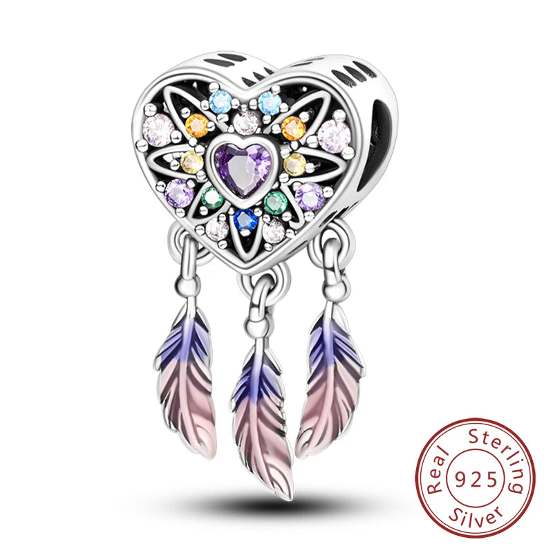 Sterling silver heart charm beads with colorful gemstones and feather dangles for bracelets